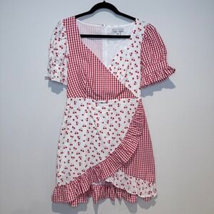 English Factory Red & White Cherry Patchwork Wrap Mini Dress